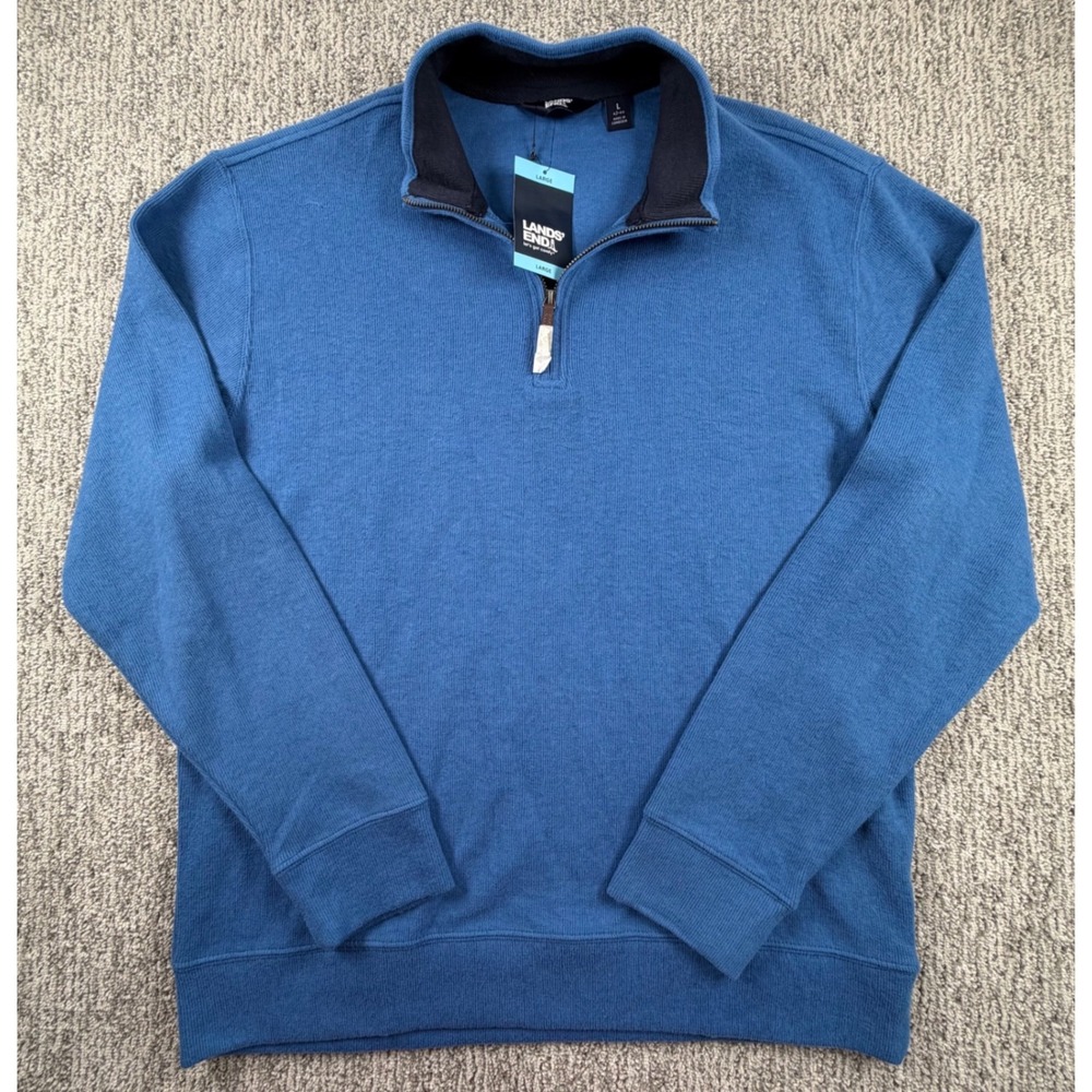 Lands End Quarter Zip Pullover Mens Large Blue Cotton Blend Mock Neck Sweater
